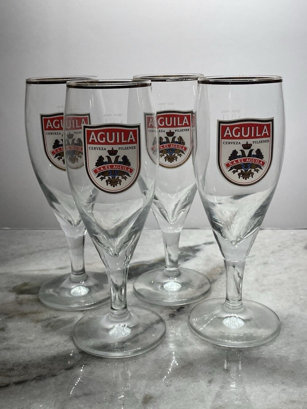 Four Vintage Aguila Footed Glasses Logo Beer Cerveza Pilsner Glass Spain